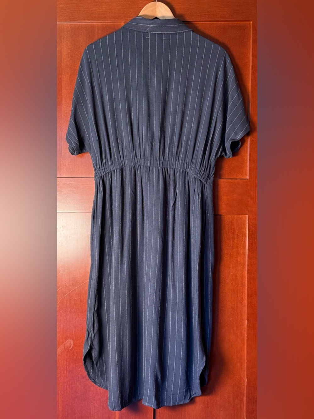 Mango Navy Pinstripe Midi Shirt Dress with Tie Waist. - Picture 8 of 8